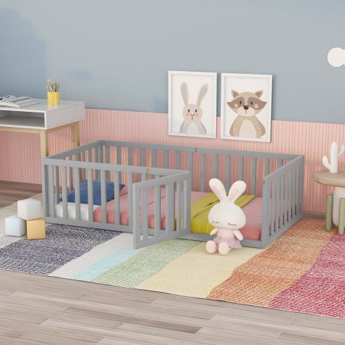 Twin Size Wood Floor Bed Frame with Fence and Door