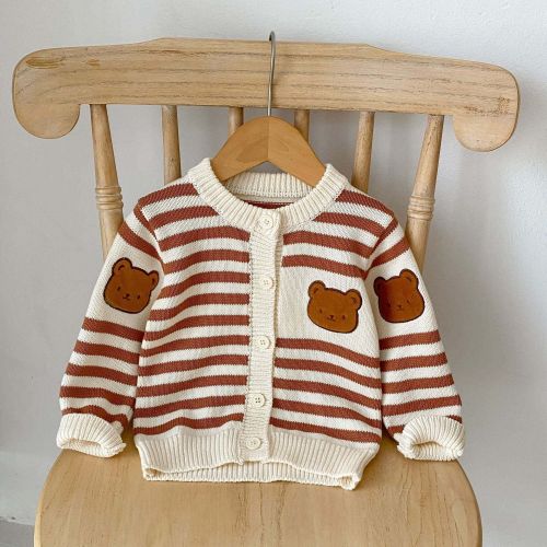 Baby Striped Pattern Cartoon Bear Patched Design Onesies With Cardigan